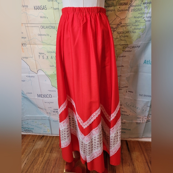 Scott Dresses & Skirts - Vintage 1970s Carefree Fashions Red Lace Trim Maxi Skirt